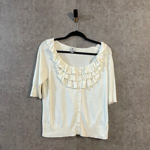 Worthington White Ruffle Neck Button Down Sweater